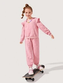 SHEIN Tween Girl Letter Embossed Ruffle Trim Sweatshirt & Sweatpants - Pink - View 4