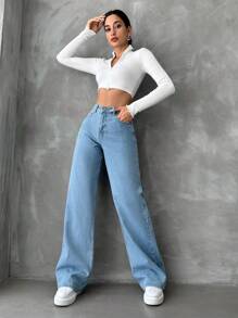 RueChic High Waist Wide Leg Jeans - Light Wash - View 4