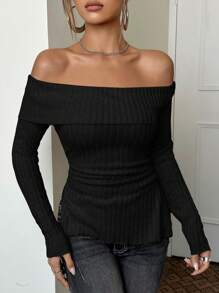 SHEIN ICON Off Shoulder Foldover Front Tee - Black - View 1