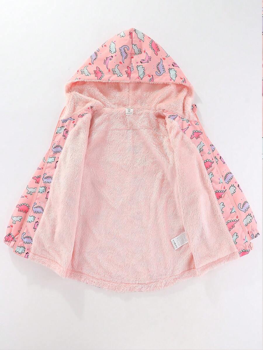 SHEIN 小女孩恐龍印花拉鍊保暖連帽外套 - 粉色 - 查看 1