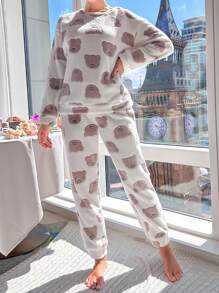 Cartoon Graphic Drop Shoulder PJ Set / Pajama Set Cozy And Elegant Details, Fall Winter Clothes - Multicolor - View 6