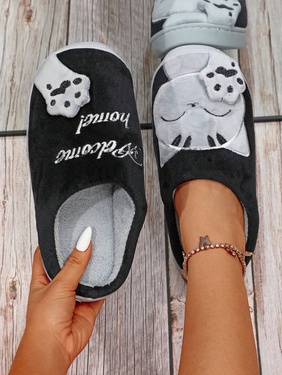 Hàng Mới Về Nữ Mùa Đông Ấm Dép Cho Nữ, Mèo May Mắn Cặp Đôi Họa Tiết Hoạt Hình Lông Dễ Thương Trong Nhà Giày Cho Gia Đình - màu đen - Xem 1