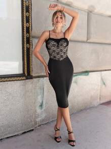 SHEIN Privé Váy Bodycon Cami ren tương phản - màu đen - Xem 5