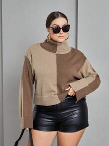 SHEIN Essnce 大碼雙色高領落肩袖套頭毛衣 - 彩色 - 查看 1