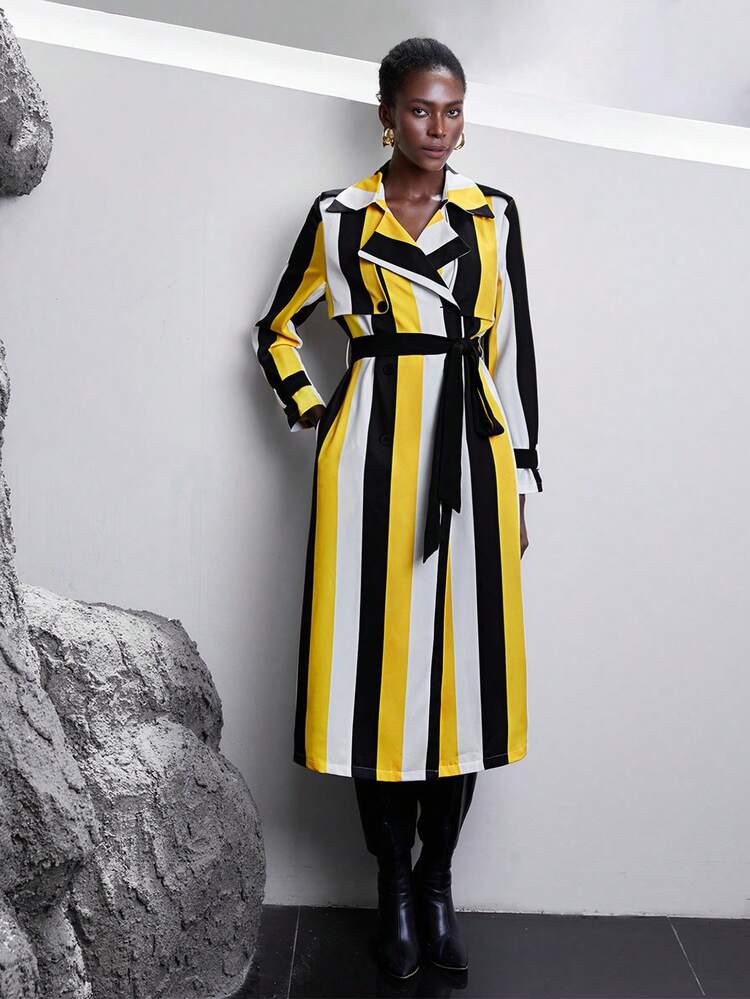 SHEIN Maija Striped Print Belted Trench Coat