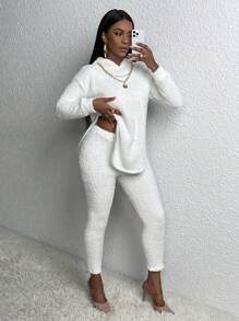 Slaydiva Áo hoodie và quần ống rộng vai rớt, xẻ tà. - trắng - Xem 1