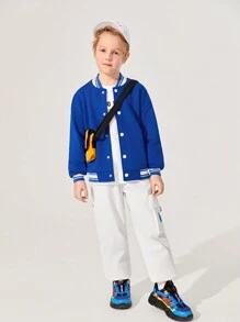 SHEIN Tween Boy Drop Shoulder Striped Trim Bear Print Back Varsity Jacket - Blue - View 4