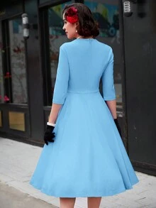 MUXXN 心形领口褶皱胸部喇叭裙摆连衣裙 - 淺藍色 - 查看 2