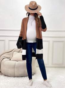 SHEIN 孕妇拼色双口袋落肩开衫，适合冬季 - 彩色 - 查看 4