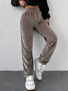 EURMUSE Elastic Waist Contrast Side Seam Pants - Brown - View 1