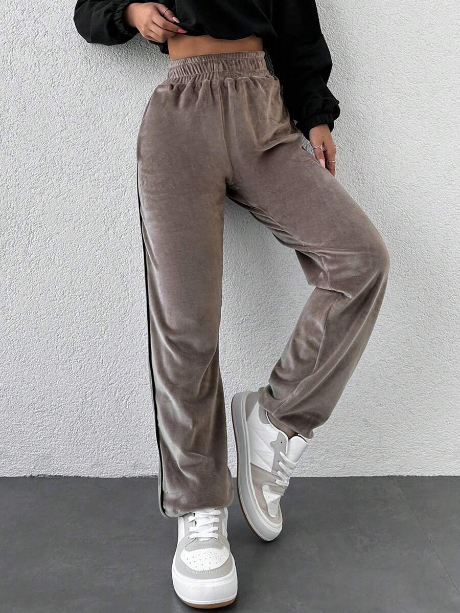 EURMUSE Elastic Waist Contrast Side Seam Pants - Brown - View 1