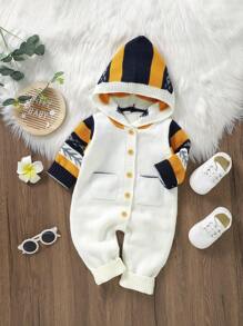 SHEIN Bộ áo liền quần dệt kim có mũ trùm đầu cho bé trai - trắng - Xem 5