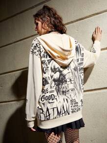 Batman X ROMWE 漫畫人物&字母圖案下垂肩連帽衫 - 杏色 - 查看 2