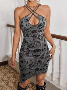 SHEIN ICON 交叉掛脖仿舊修身洋裝 - 深灰色 - 查看 6