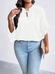 SHEIN LUNE Plus Tie Neck Batwing Sleeve Blouse - White - View 2