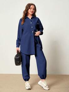 Mulvari Patched Pocket Drop Shoulder Blouse & Pants - Navy Blue - View 3
