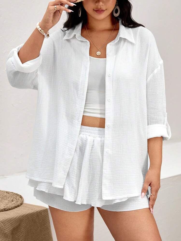 Plus Solid Drop Shoulder Shirt & Shorts