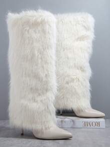 Fuzzy Pointy Toe Slip On Boots - Apricot - View 2