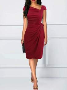 素色不對稱領側打結褶邊圍裹式洋裝 - 酒紅色 - 查看 3