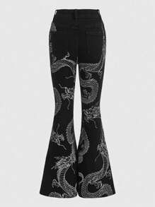ROMWE Grunge Punk Chinese Dragon Print Flare Leg Jeans, School - Black - View 2