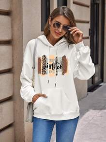 SHEIN LUNE Sudadera con capucha con cordón y bolsillo de canguro con estampado de letra - Blanco - Ver 4