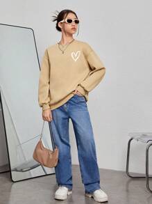 Teen Girl Heart Print Drop Shoulder Sweatshirt - Khaki - View 7