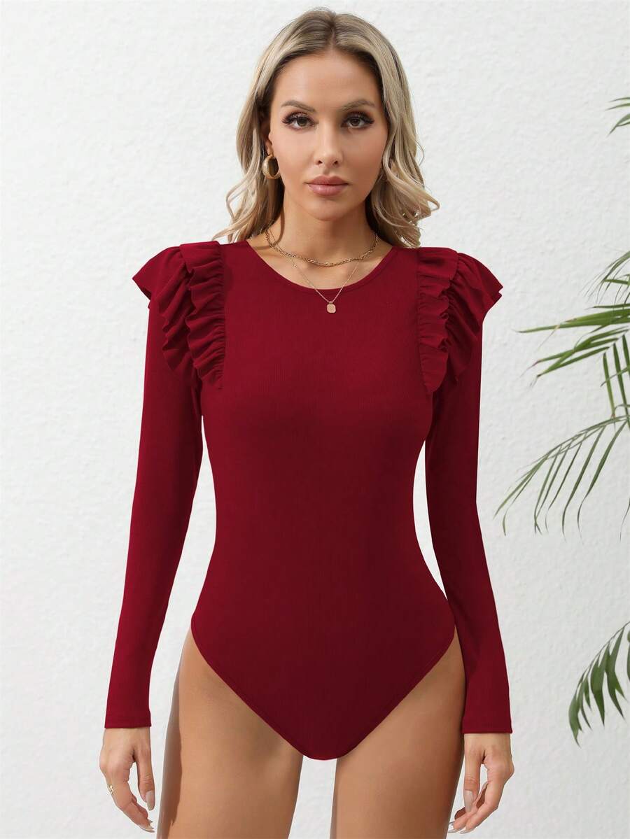 Body De Punto Acanalado Con Detalle De Volantes - Rojo - Ver 1