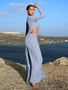 SHEIN Essnce Áo crop top trơn & áo khoác & quần xoắn phía trước - Màu xanh lam - Xem 5
