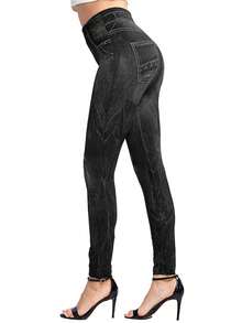 Denim Effect Leggings - Black - View 6