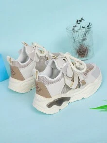 鞋帶、魔術貼固定,編織裝飾,拼接色塊粗底運動鞋,校園風格 - 棕色 - 查看 2