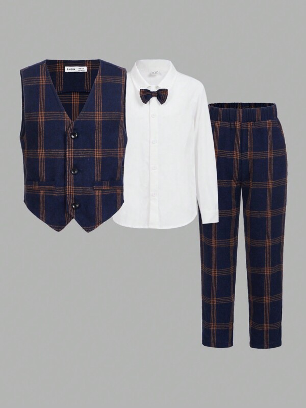SHEIN Tween Boy Plaid Print Bow Front Shirt & Waistcoat & Pants