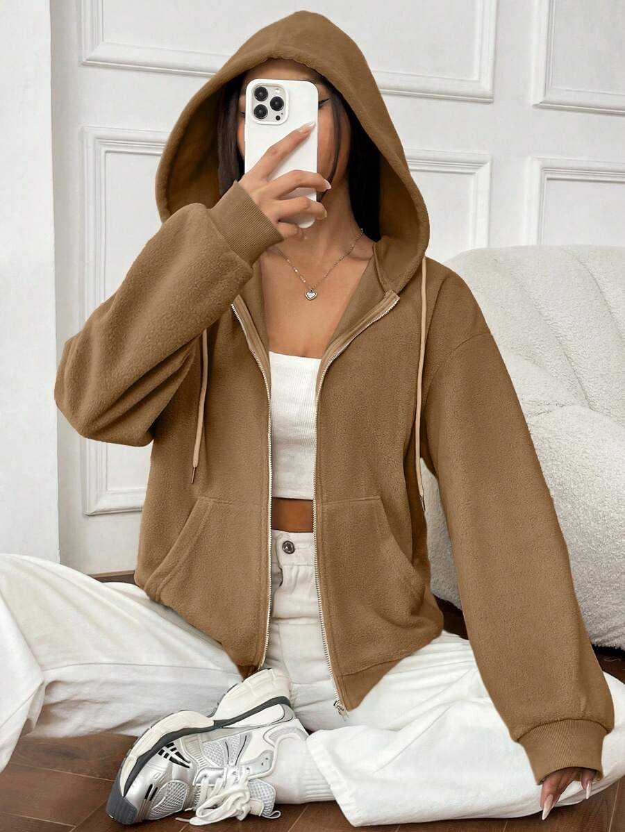 SHEIN EZwear 拉鍊落肩抽繩保暖襯裡連帽夾克 - 咖啡棕 - 查看 1