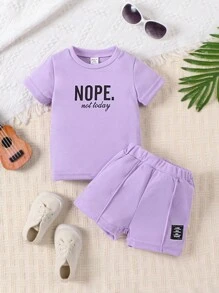 SHEIN Baby Boy Slogan Graphic Tee & Shorts - Purple - View 1