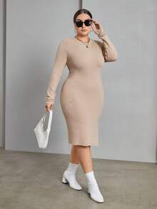 SHEIN Essnce Talla grande Vestido de punto ajustado de muslo con abertura tejido de canalé - Caqui - Ver 3