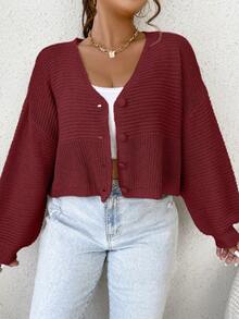 SHEIN Qutie Plus Drop Shoulder Ribbed Knit Cardigan - Red - View 5