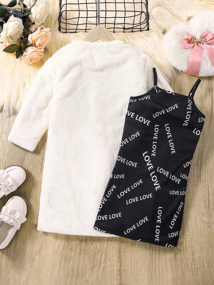 Young Girl Letter Graphic Cami Dress & Fuzzy Coat