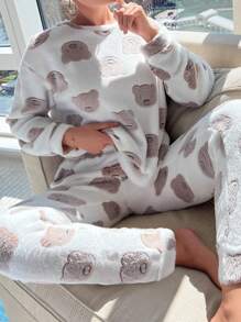 Cartoon Graphic Drop Shoulder PJ Set / Pajama Set Cozy And Elegant Details, Fall Winter Clothes - Multicolor - View 3