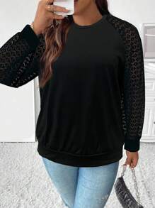 SHEIN Clasi Plus Contrast Lace Raglan Sleeve Sweatshirt Graduation,Back To School,Graduation,Teacher For Women,Back To School Pullover Fall Winter Sweatshirt Autumn - Black - View 5