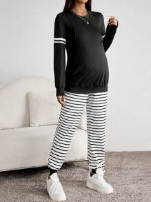 SHEIN Maternity Striped Print Nursing Detail Tee & Sweatpants - Black and White - View 4