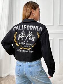 SHEIN Unity Letter Graphic Drop Shoulder Crop Jacket - Black - View 3