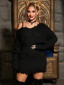 SHEIN SXY Chất rắn Đau khổ Cắt tỉa Đầm Áo len - màu đen - Xem 5