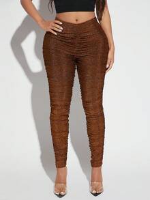 SHEIN SXY 褶邊金屬亮絲緊身打底褲 - 咖啡棕 - 查看 4