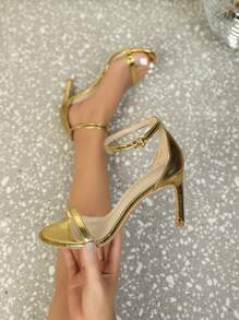 女式性感金色露趾高跟涼鞋，踝帶細跟 - 金色 - 查看 1