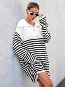 EURMUSE 條紋圖案落肩袖毛衣洋裝 - 黑與白 - 查看 4