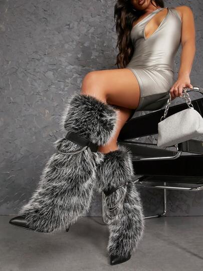 SHUZIA Women's Fuzzy Pointy Toe Skiny Heel Knee-High Boots Summer Shoes Spring Shoes Spring Break Easter For Christmas