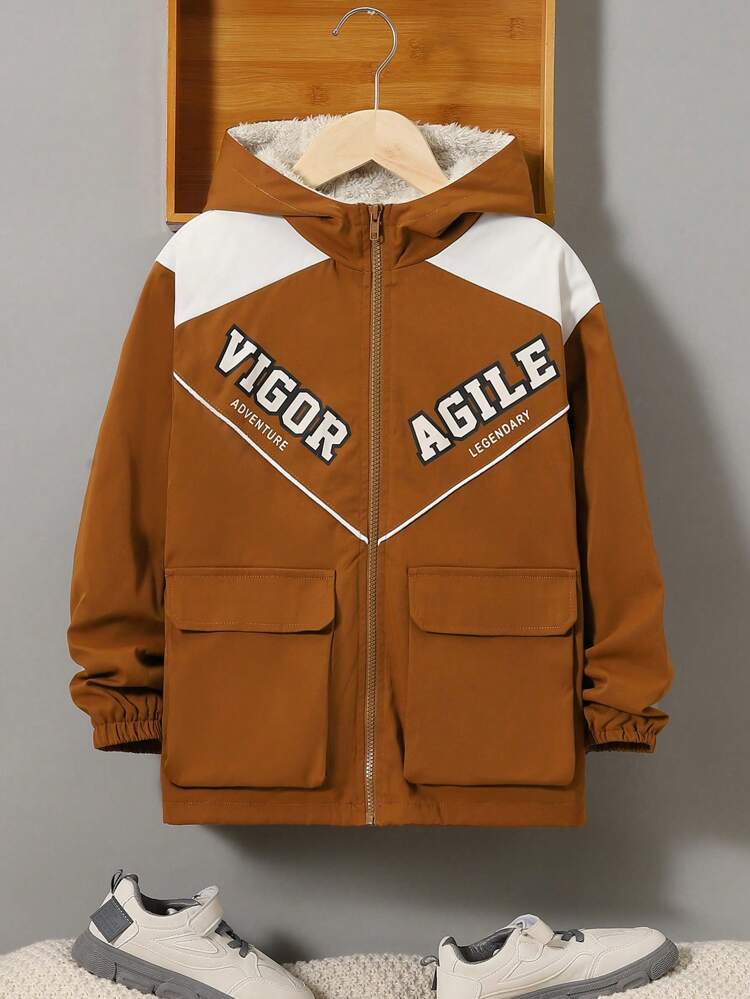 Tween Boy 1pc Letter Graphic Flap Pocket Thermal Lined Hooded Coat