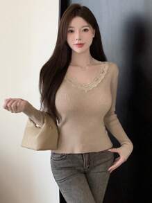 DAZY Jersey unicolor ribete con encaje de canalé delgado - Albaricoque - Ver 2