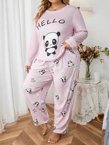 大碼熊貓和字母圖案睡衣套裝 - 粉色 - 查看 5