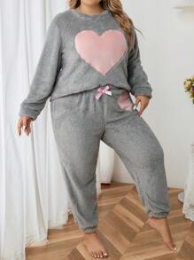 大碼愛心圖案法蘭絨睡衣套裝 - 灰色 - 查看 3