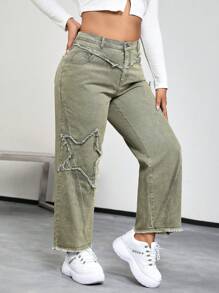 SHEIN EZwear 大碼星星補丁貼毛邊緣直筒牛仔褲 - 藍色 - 查看 4